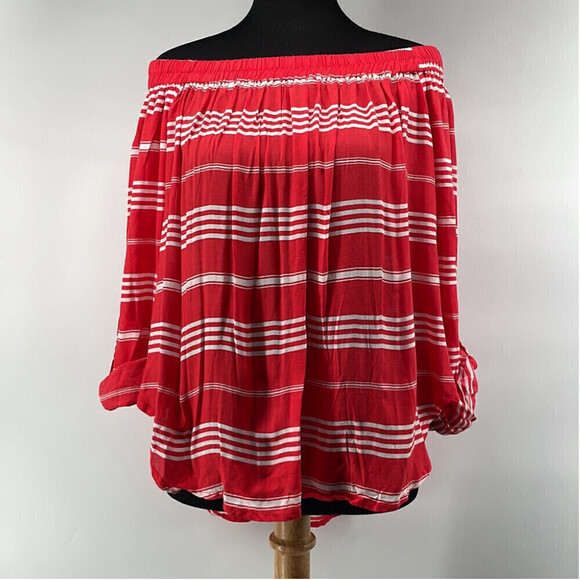 Revolve faithful the brand off the shoulder striped shirt roll up sleeve sz lg - Picture 8 of 14